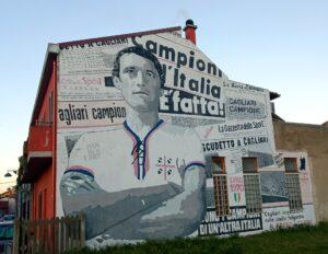 Murale dedicato al campione Gigi Riva in occasione dello scudetto del Cagliari