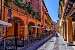 Bologna, Italy - Via del Pratello: Building facades and medieval architecture along the streets in Bologna